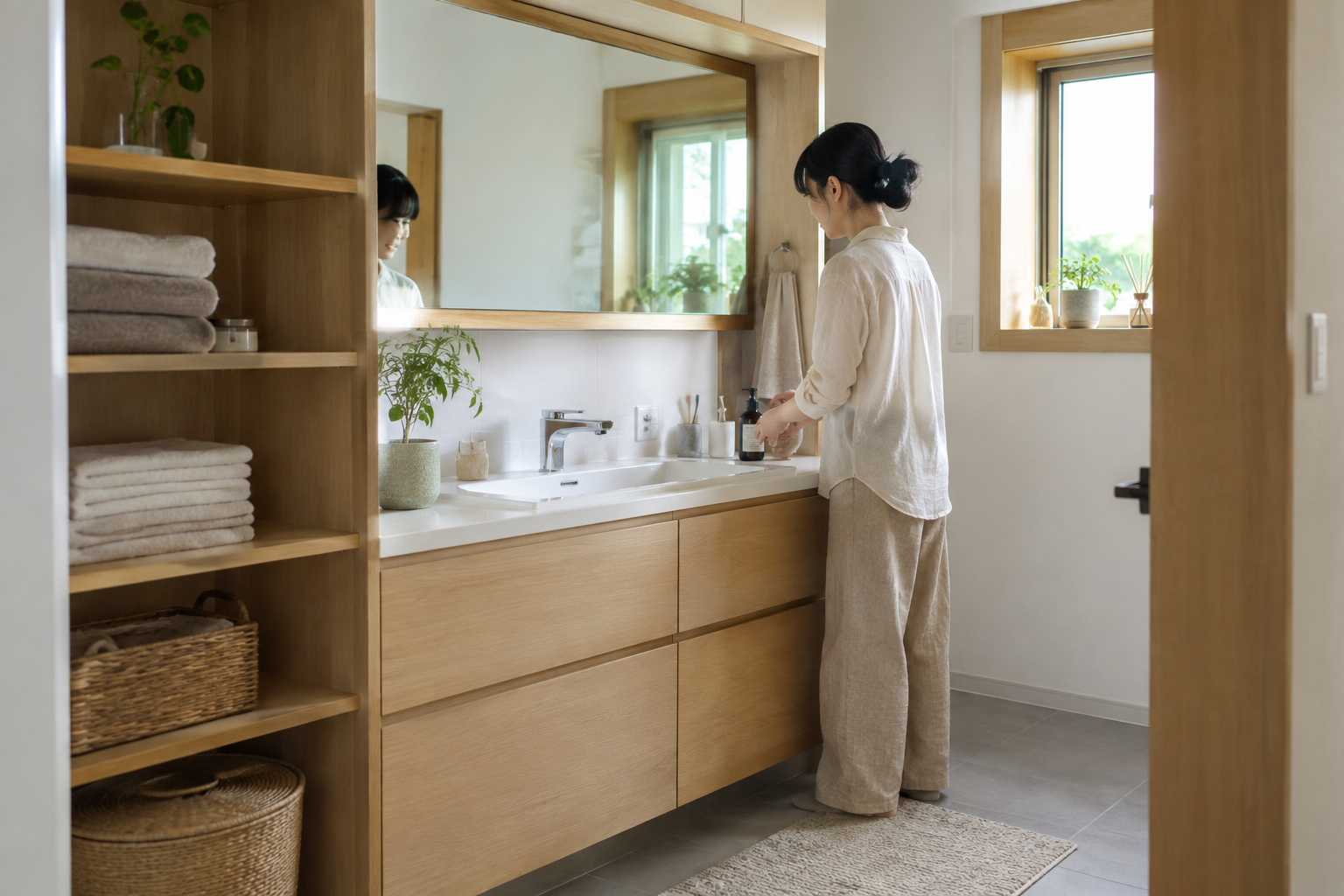 収納を整えた明るい住宅の洗面所