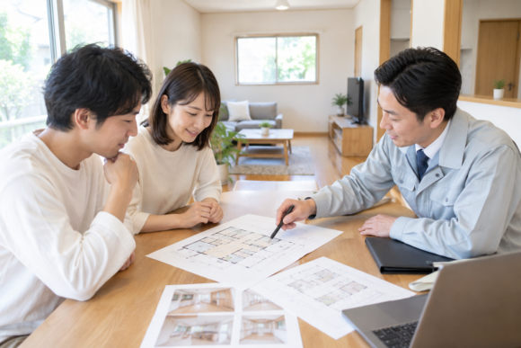 中古住宅の調査結果をもとにリフォーム計画を相談するイメージ