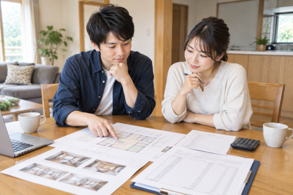 住宅リフォームの計画を確認する夫婦のイメージ