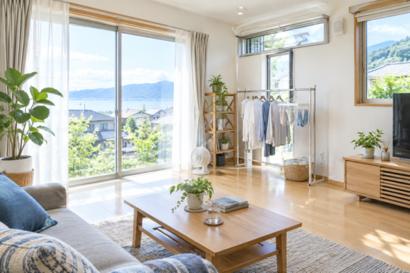 湿気対策と換気リフォームをイメージした明るい住宅のリビング