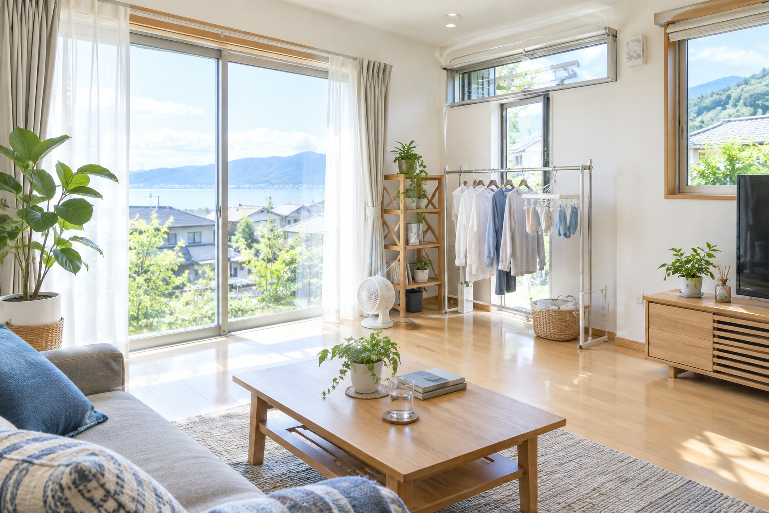 湿気対策と換気リフォームをイメージした明るい住宅のリビング